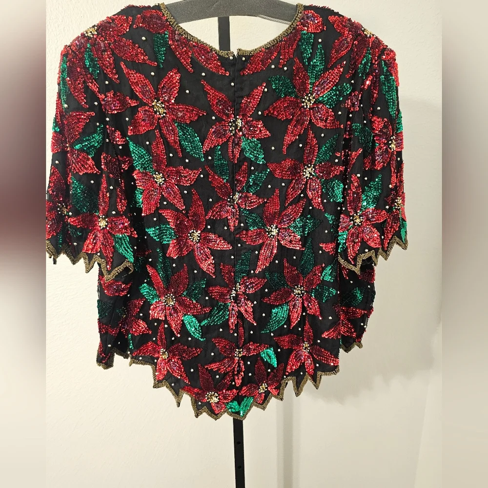 Laurence Kazar Sequin Poinsettia Christmas top Sz 3XL - Picture 2 of 7